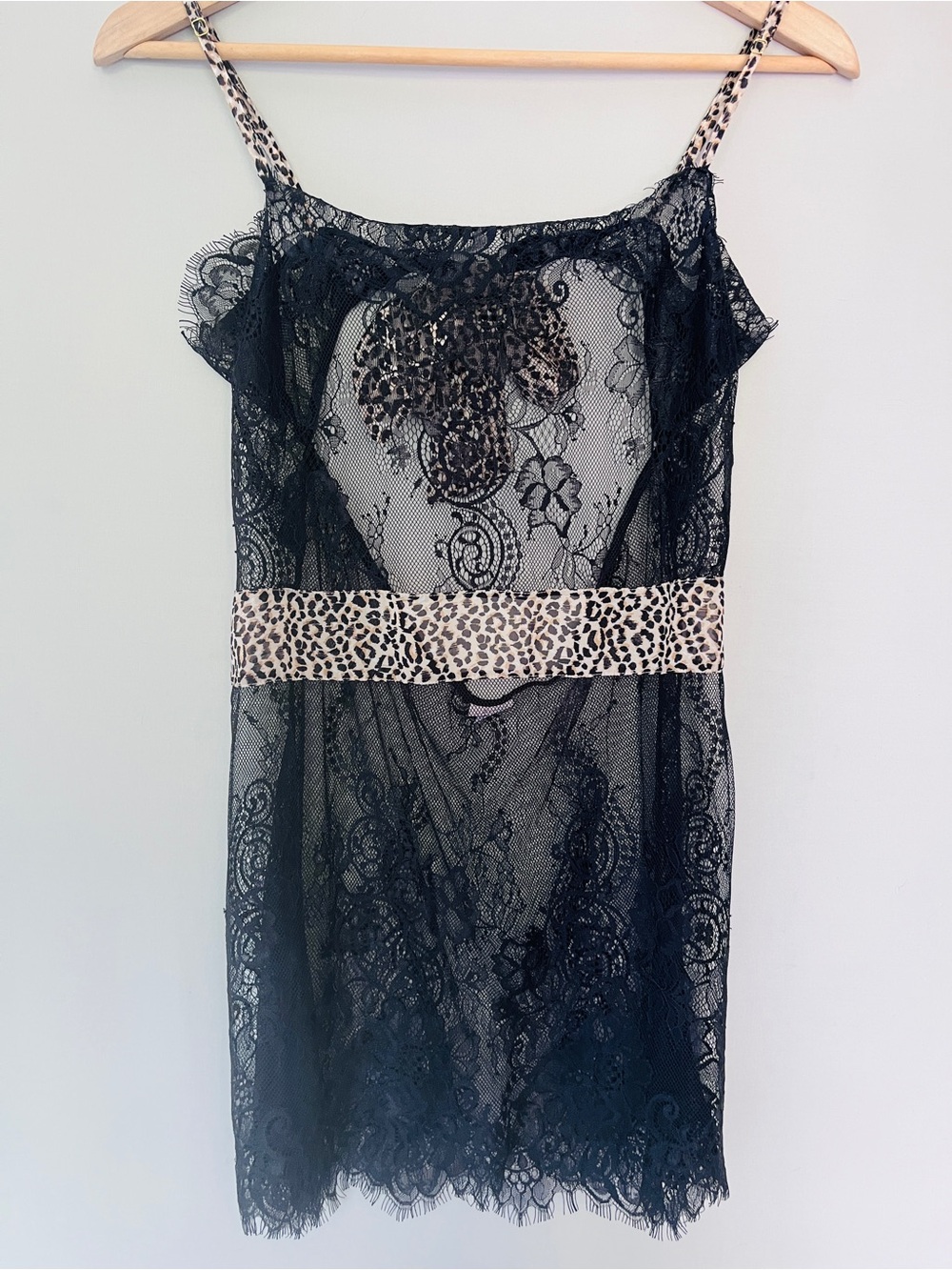Jezebel Sheer Black Eyelash Lace Babydoll Chemise Leopard Print Bow Lingerie L